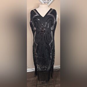 Unique Vintage Black and Silver Embellished Mini Dress